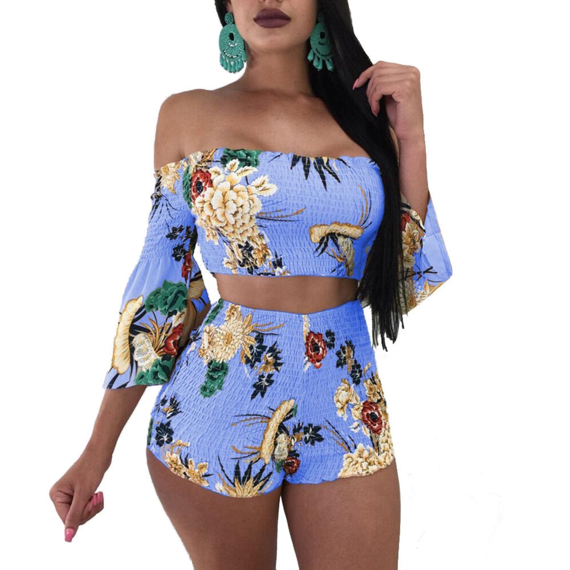 Printed long sleeve floral Spring two-piece shorts set