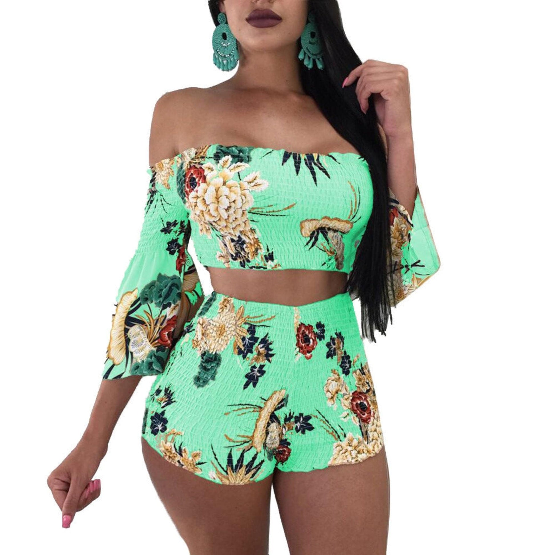 Printed long sleeve floral Spring two-piece shorts set