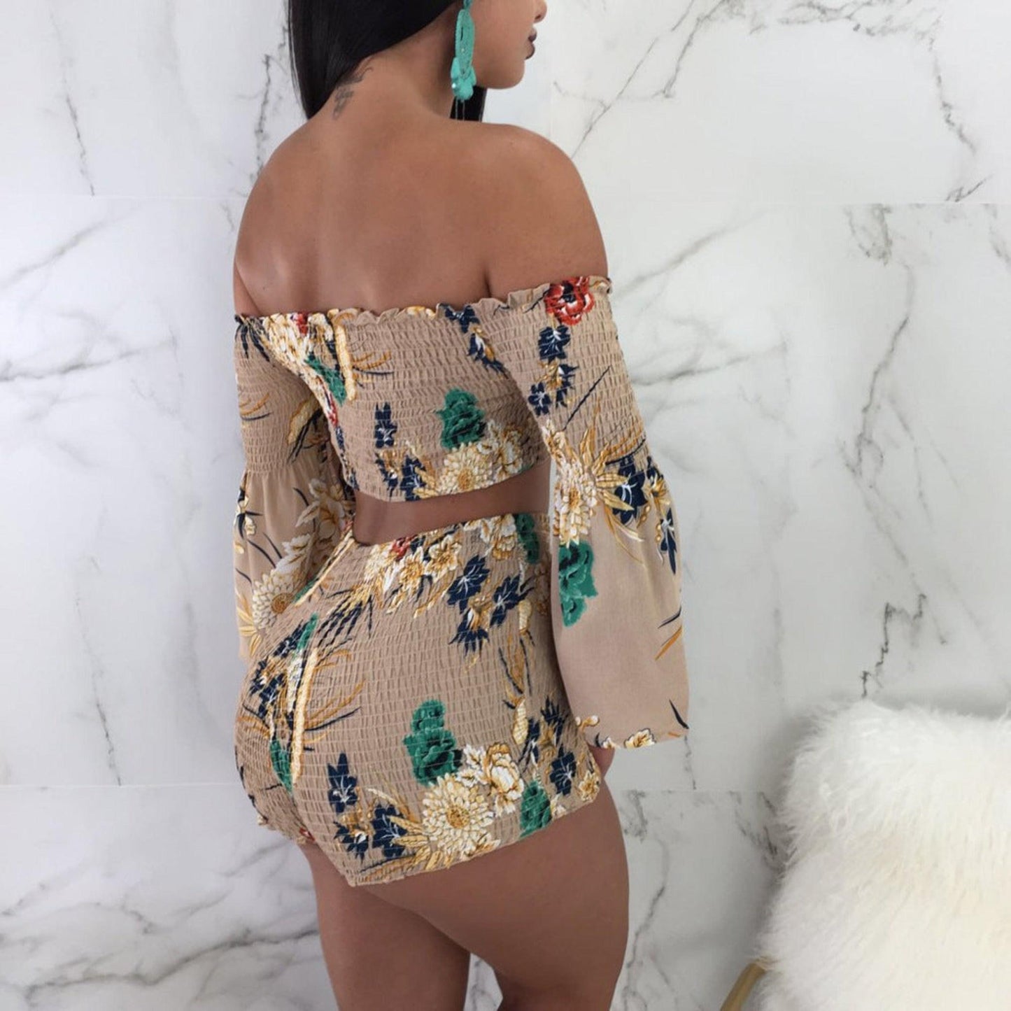 Printed long sleeve floral Spring two-piece shorts set