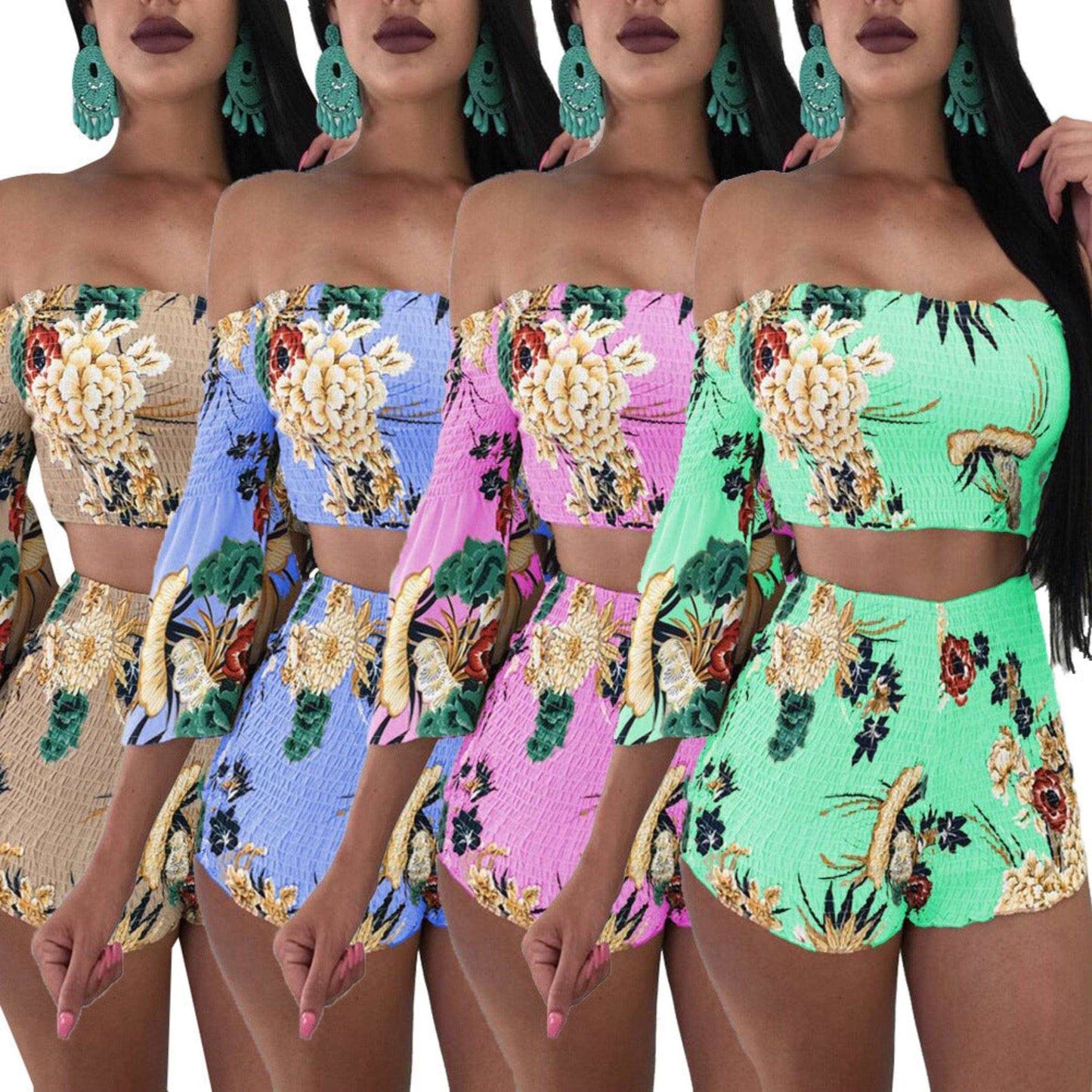 Printed long sleeve floral Spring two-piece shorts set