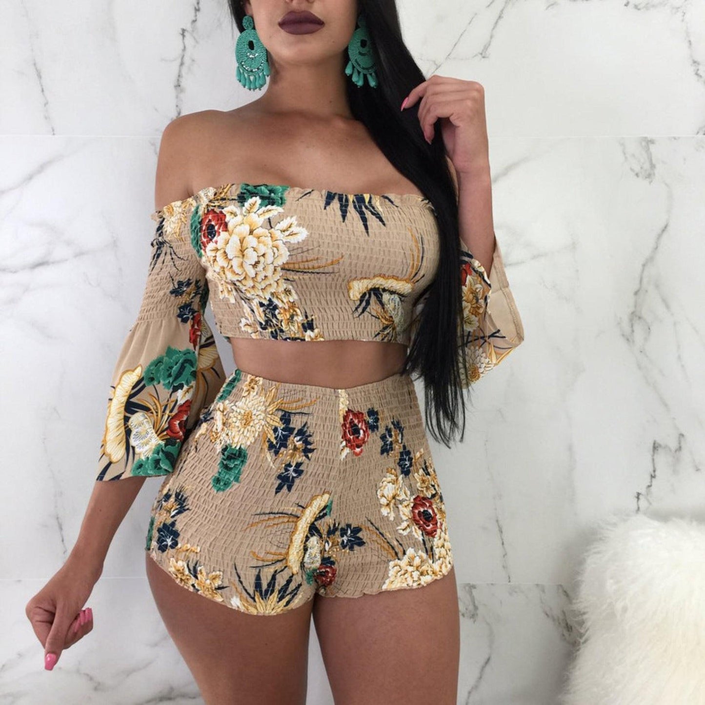 Printed long sleeve floral Spring two-piece shorts set