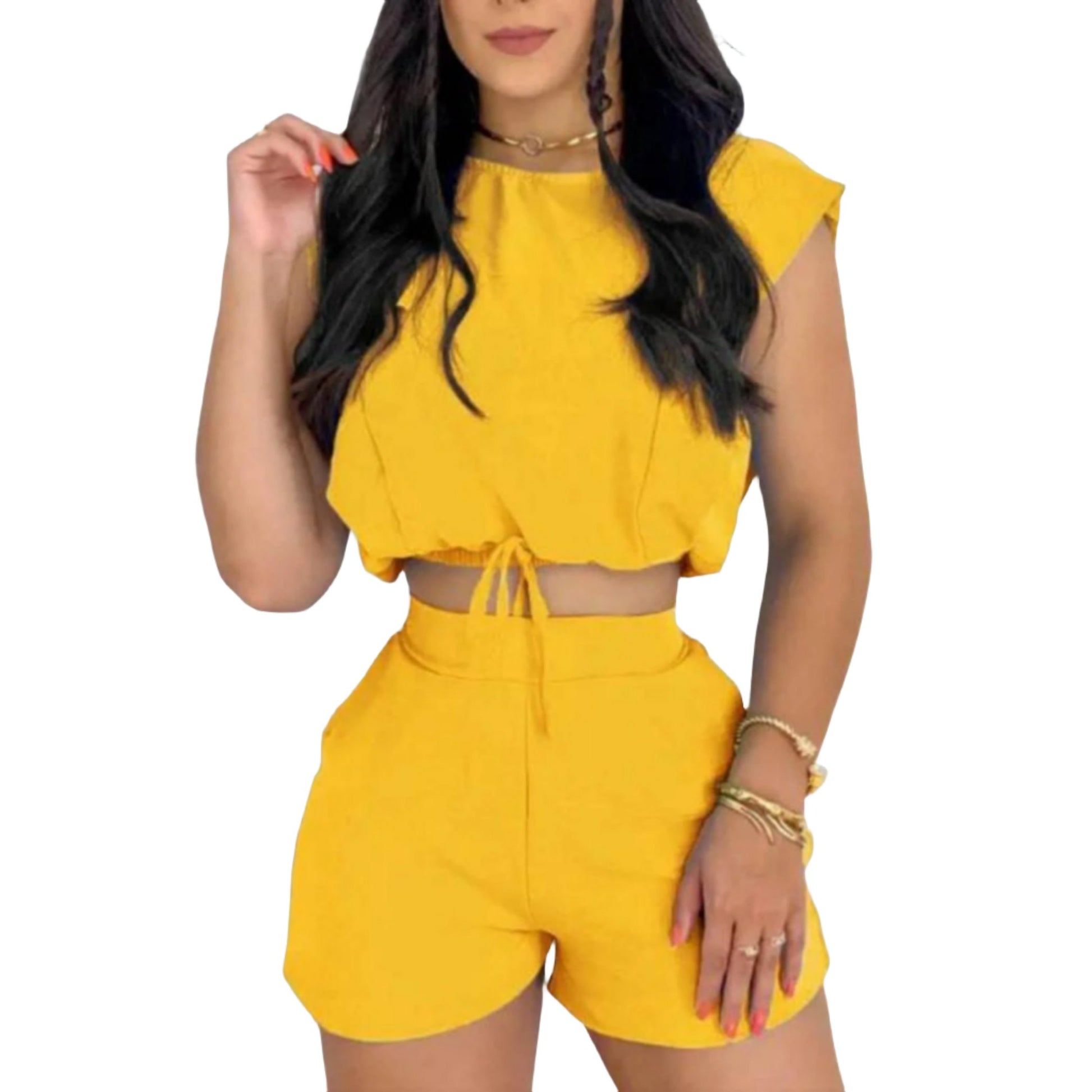 Solid sleeveless crop top fashion shorts two-piece set