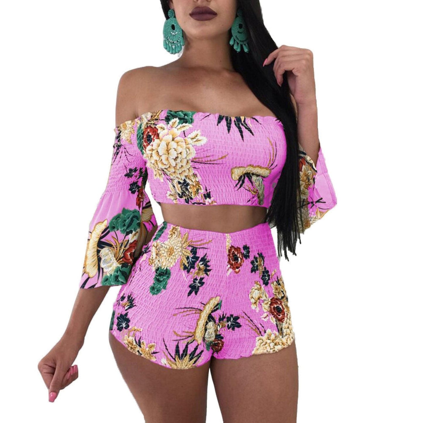 Printed long sleeve floral Spring two-piece shorts set