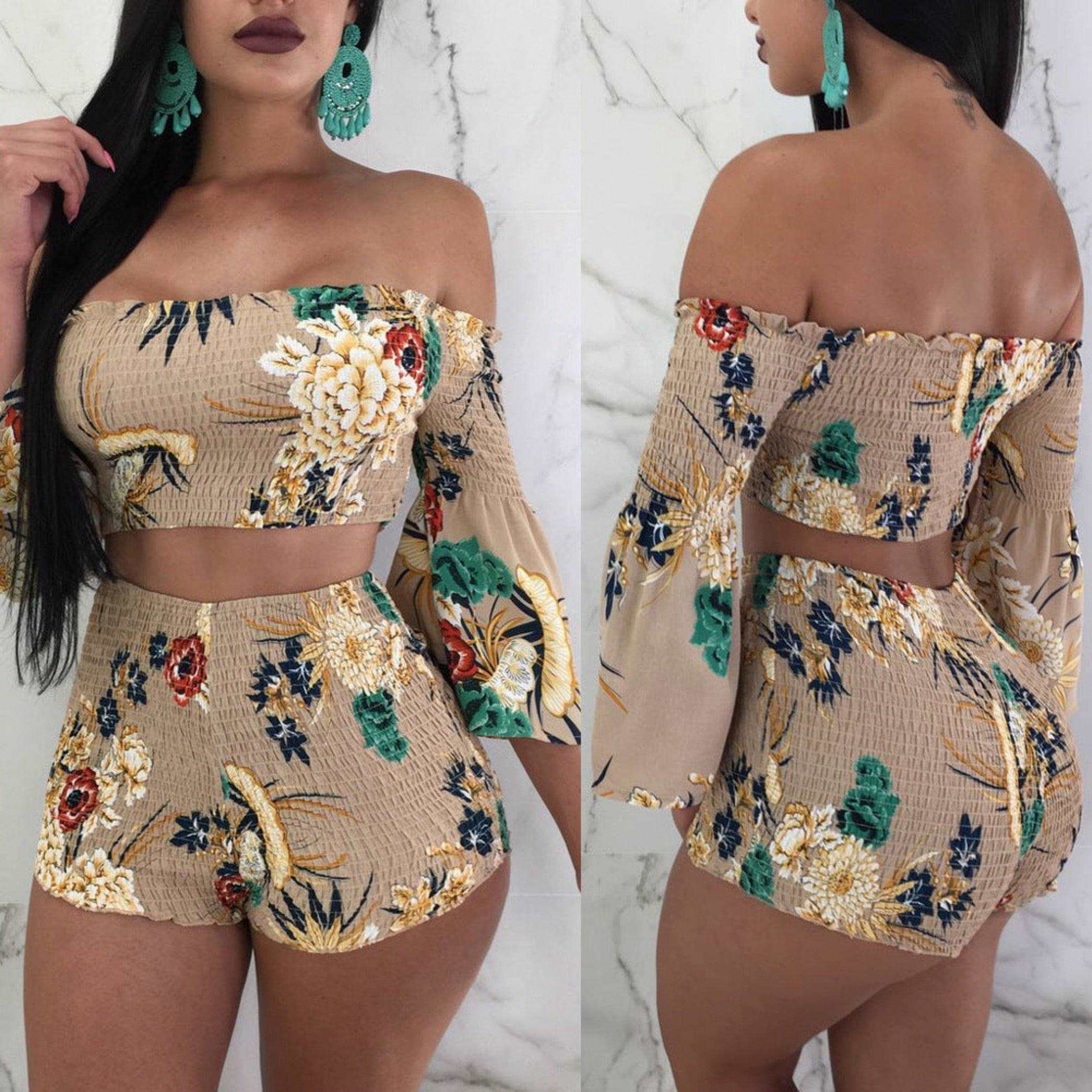 Printed long sleeve floral Spring two-piece shorts set