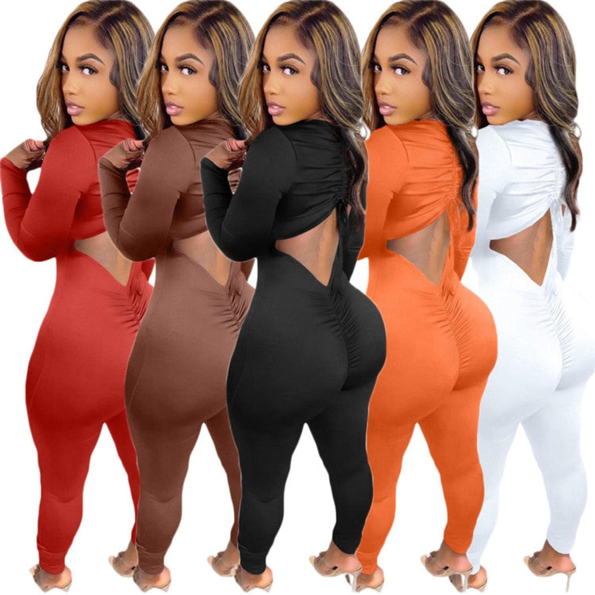 Women backless Romper long sleeve solid color one piece Bodysuit