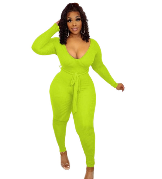 Ribbed Bodycon Romper solid color One-piece tie belt bodysuits.