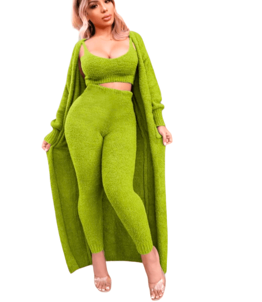 Fleece knitted Cardigan long sleeve crop top and pants three-piece set