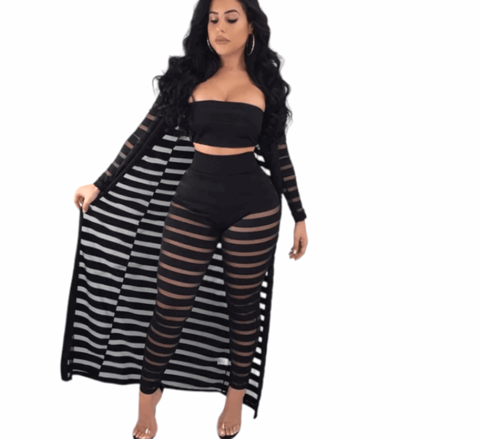 Strapless crop top Lace Cloak Three-piece see through Pants sets.