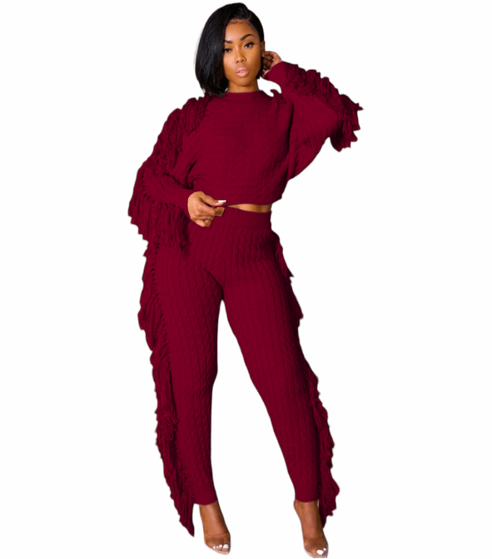 Tassel Long Sleeves crop top two-piece pants set