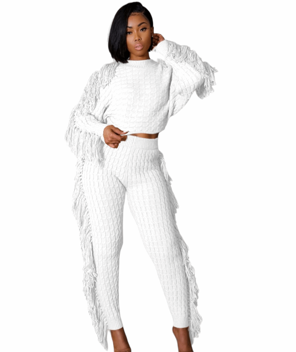 Tassel Long Sleeves crop top two-piece pants set