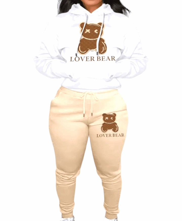 Bear print cotton two-piece hoodie pants set