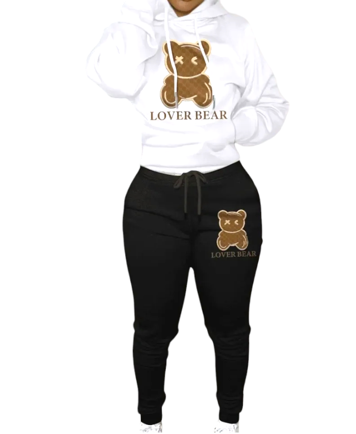 Bear print cotton two-piece hoodie pants set