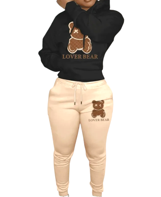 Bear print cotton two-piece hoodie pants set