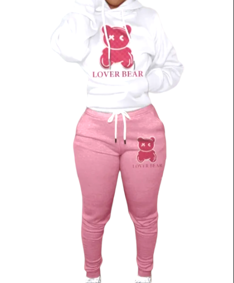 Bear print cotton two-piece hoodie pants set