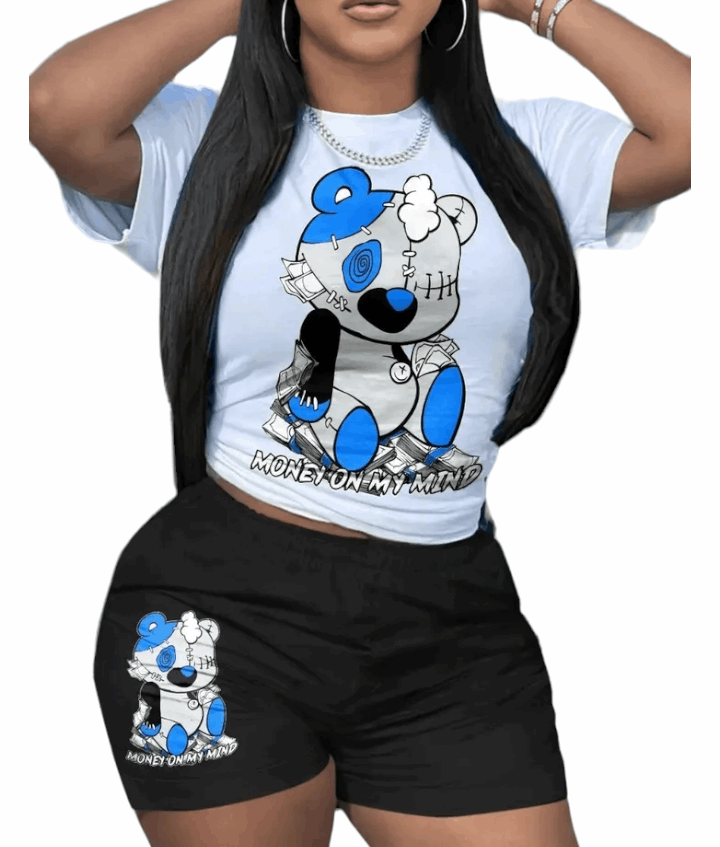 Cartoon Bear Print Casual Top Two-piece Shorts Set