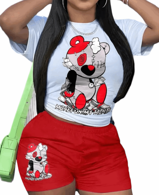 Cartoon Bear Print Casual Top Two-piece Shorts Set