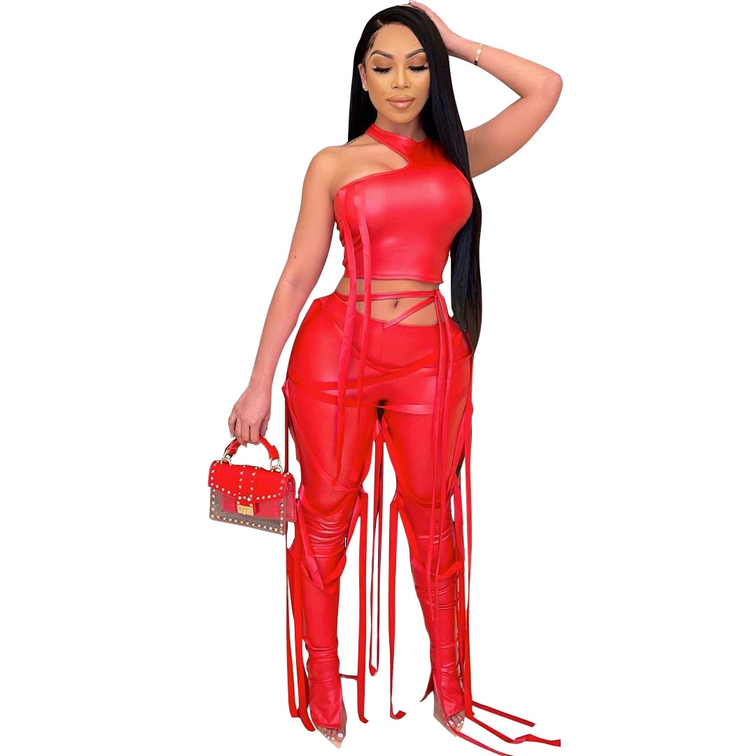 Leather Bandage lace up crop top Vest Two-Piece Pants set