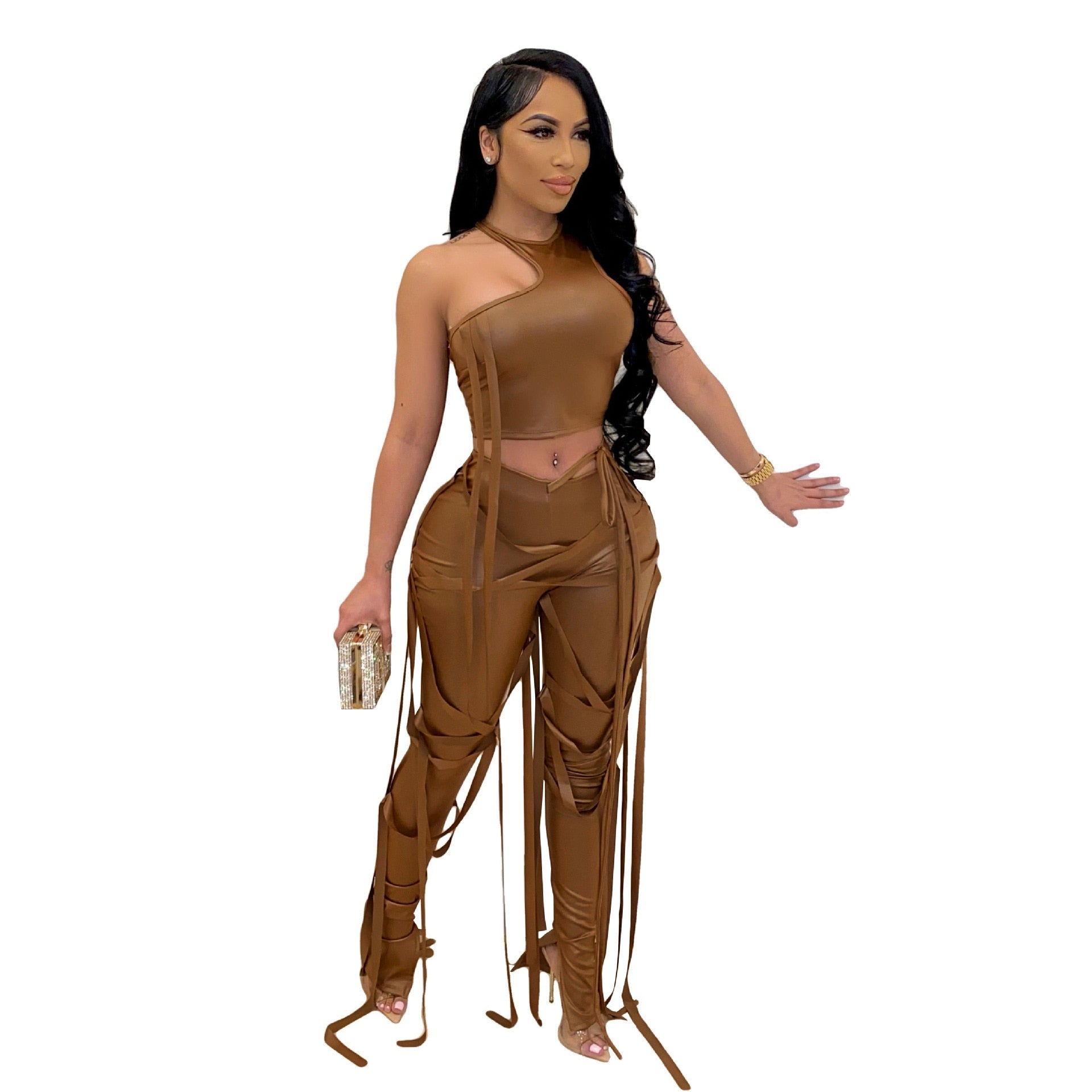 Leather Bandage lace up crop top Vest Two-Piece Pants set