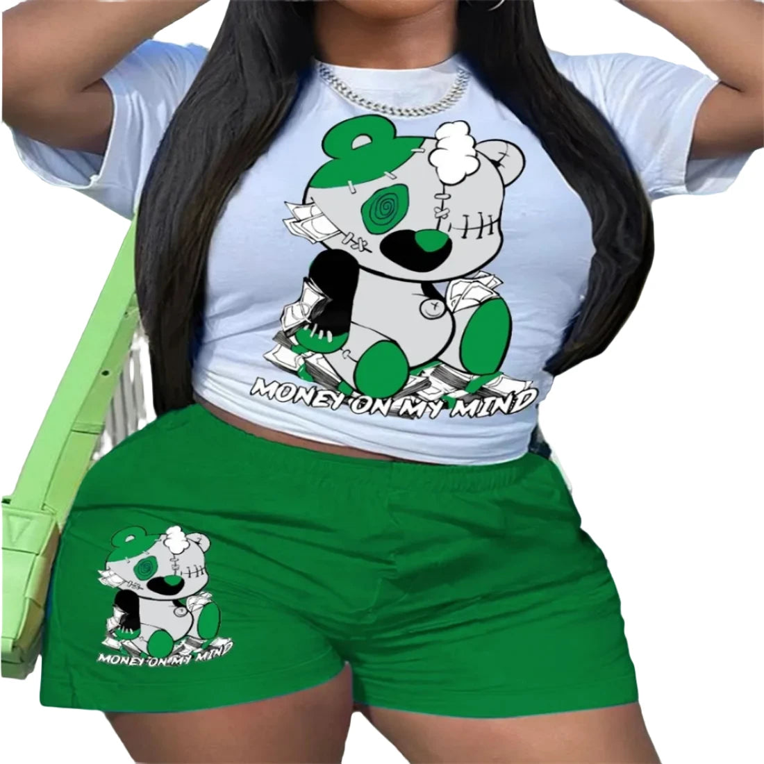 Cartoon Bear Print Casual Top Two-piece Shorts Set