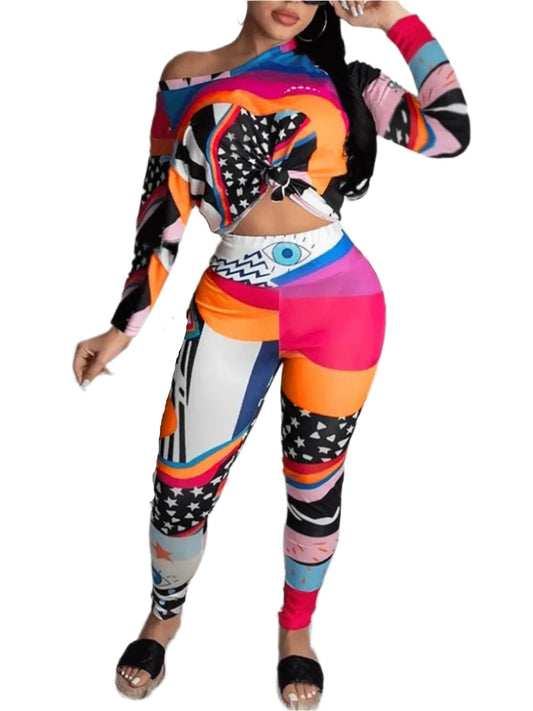 Eye Star Mixed Print Pants Set Causal women's suit long sleeve and skinny pants matching set