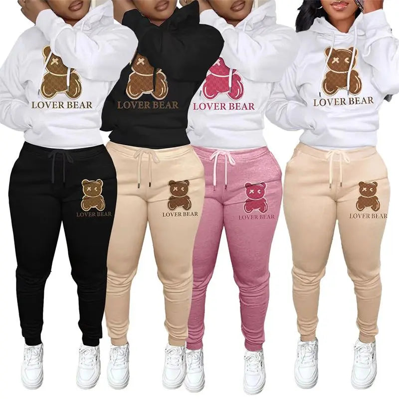 Bear print cotton two-piece hoodie pants set