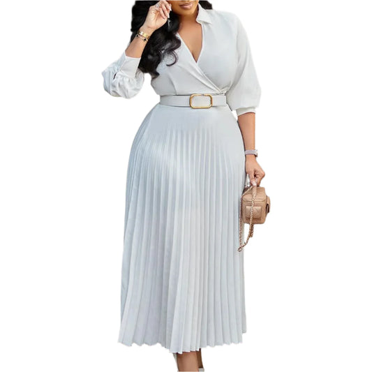 Chic Spring Women Midi Dress Long Sleeve V-neck Pleated Solid Plus Size Elegant Office Lady Casual Dresses with Belt