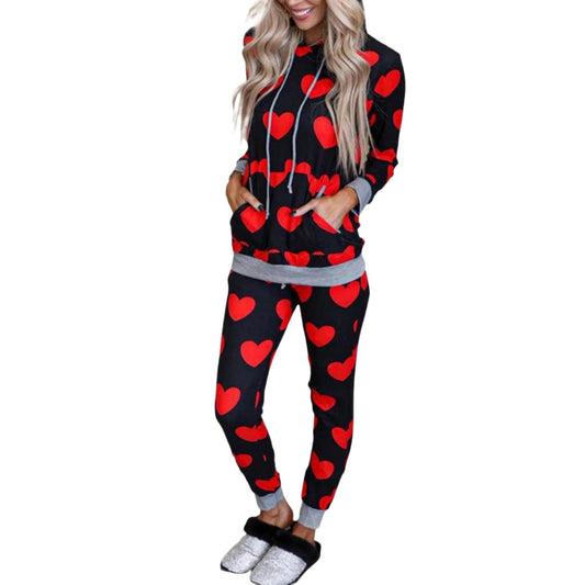 Women Heart print long sleeve hoodie Lounge pajamas pants set